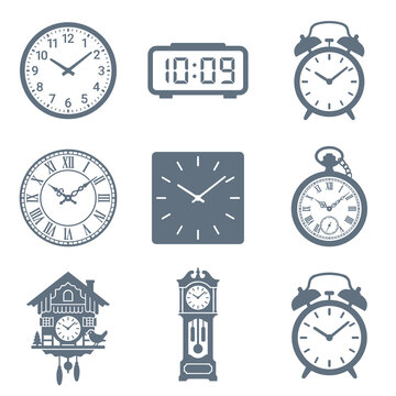 Vintage and modern clock icons set including alarm clock pocket watch cuckoo and grandfather clock