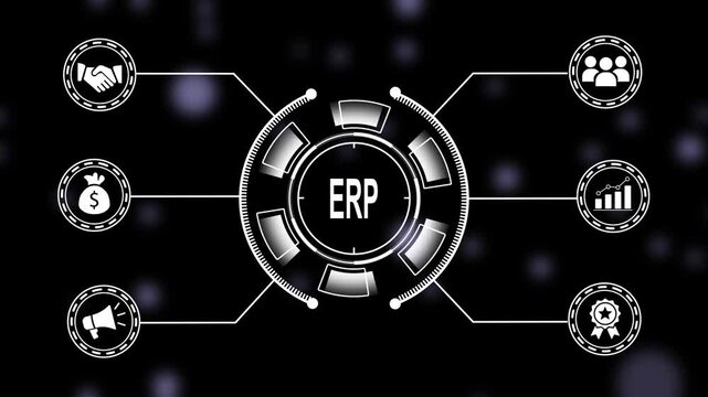 Enterprise resource planning erp software system interface concept featuring digital business process management and data analytics dashboard visualization for corporate workflow optimization and