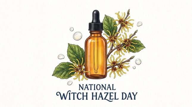 National Witch Hazel Day Witch Hazel Extract Amber Dropper Bottle Fresh Flowers Leaves Botanical Skincare Hand-Drawn Wellness Illustration