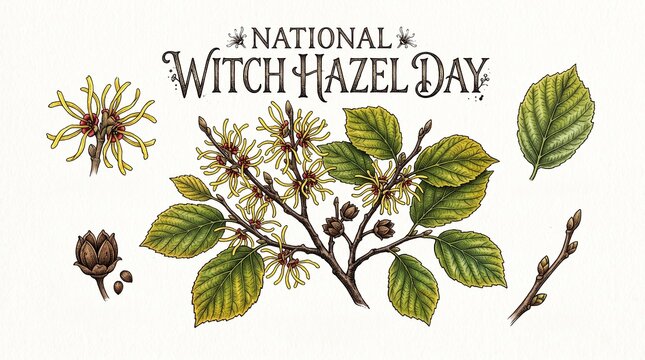 National Witch Hazel Day Witch Hazel Leaves Narrow Yellow Flowers Botanical Cluster Ink Texture Hand-Drawn Botanical Illustration