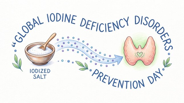 Global Iodine Deficiency Disorders Prevention Day Iodized Salt Thyroid Health Iodine Particles Medical Awareness Hand-Drawn Illustration