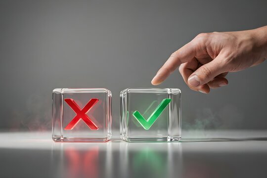 A hand pointing at a green check mark on a glass cube next to a red cross symbol, representing decision making, choice, and professional evaluation in business.
