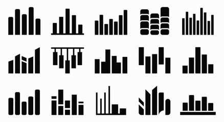 Obraz premium A comprehensive vector illustration set featuring various black bar chart designs for data analysis and business reporting