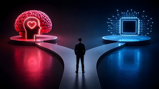 Business Executive Choosing Between Emotional Intelligence And Artificial Intelligence