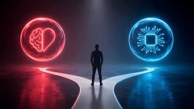 Business Executive Choosing Between Emotional Intelligence And Artificial Intelligence