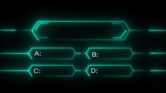 Abstract Cyan neon graphic equalizer bars with option choices a b c d and a central long bar for quiz shows or contests as a looping .Motion graphics of concept