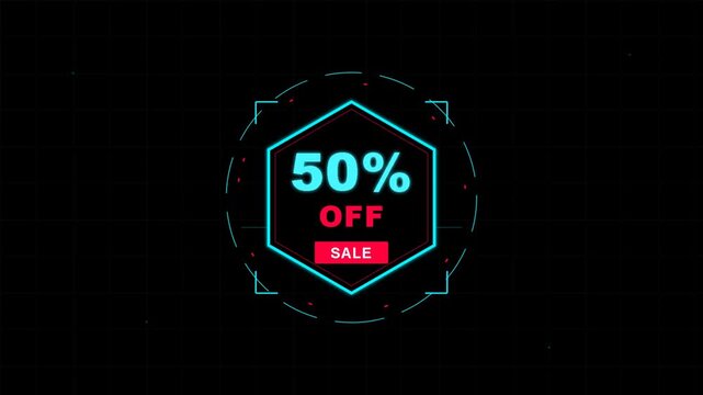 Neon sale banner with 50 percent off discount discount label and promotional badge, digital marketing