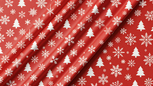 Red Satin Christmas Fabric with White Snowflake and Tree Pattern