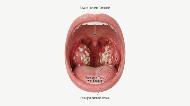 Medical Diagram of Open Mouth showing Severe Purulent Tonsillitis and Enlarged Adenoids