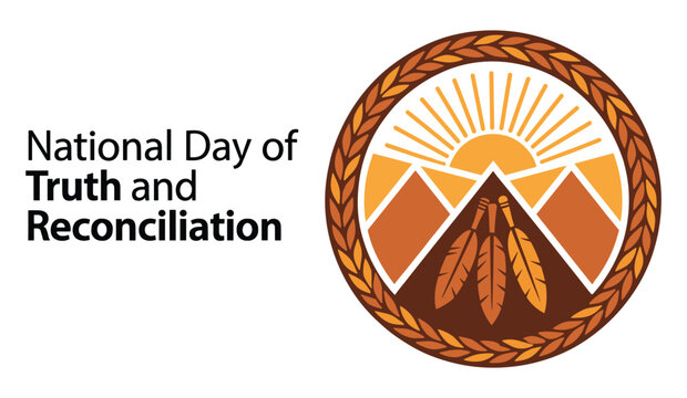 National Day of Truth and Reconciliation emblem with stylized sun mountains and feathers in an orange circle frame