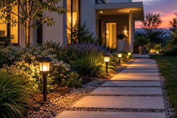 Fototapeta premium Solar garden lights beside a modern home at dusk