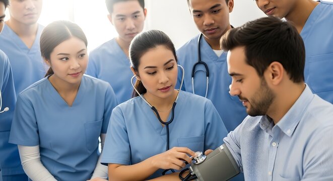 Professional Medical Training with Asian female nurse checking male patient blood pressure while students observe, ideal for healthcare education and clinical practice articles.