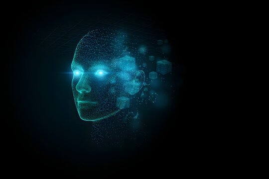 A digital representation of a human head formed by glowing blue particles and geometric cubes floating in a dark space representing artificial intelligence and data.