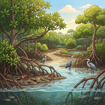 Healthy tropical mangrove ecosystem illustration with herons, crabs, fish and lizards in 2.5D style.