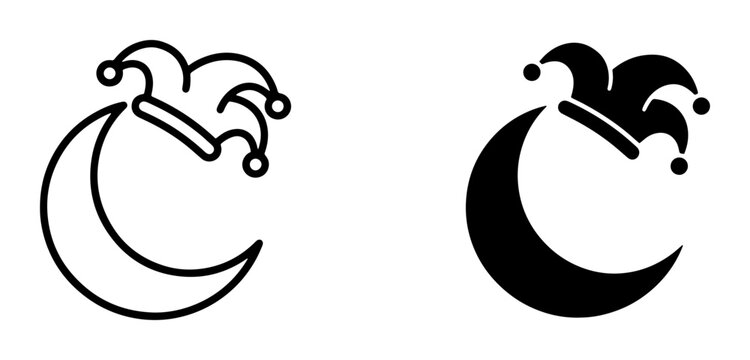 Jester Hat Crescent Moon Icons, Celestial Symbolism, Whimsical Night Graphics, Isolated Vector Art