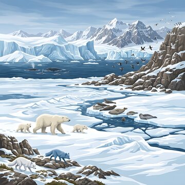 Arctic ecosystem illustration with polar bears, seals, whales, arctic foxes and seabirds among icebergs and glaciers in 2.5D style.