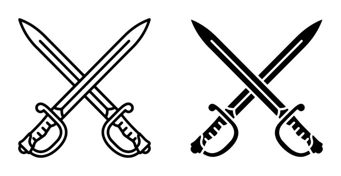 Two Crossed Saber Swords, Vector Icons. Black and White Outline and Silhouette Graphics for Combat, History, and Military Themes. Historical Weapon Symbols.