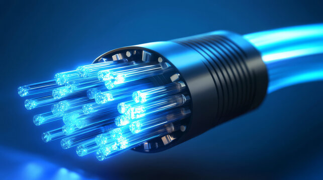 Glowing fiber optic cables transmitting high speed data in blue background
