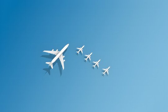 A top down aerial view of a large white airplane flying in formation with four smaller airplanes against a clear blue sky background, symbolizing leadership and growth.