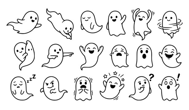 Cute Flying Ghost Halloween Dynamic Pose and Expression Vector Set
