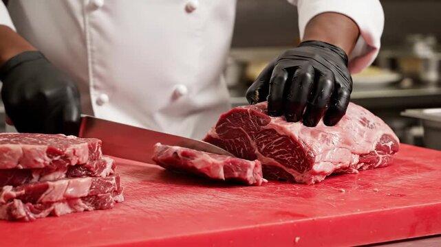Professional Chef Wearing Black Protective Gloves Carefully Slicing Fresh Raw Beef Steak on a Vibrant Red Kitchen Cutting Board