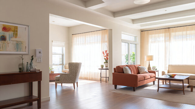 Modern accessible living room designed for independent aging, wide clear walking paths, practical furniture placement, subtle safety features, warm natural daylight