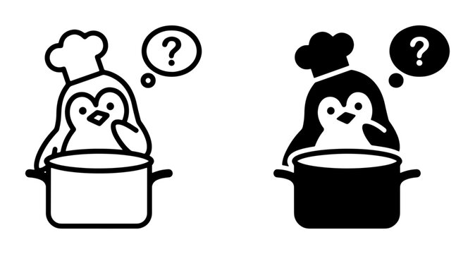 Penguin Chef Icons, Culinary Confusion Vector Set, Cooking Question Mark Graphics, Food Preparation Dilemma Illustrations, Black and White Kitchen Character Graphics