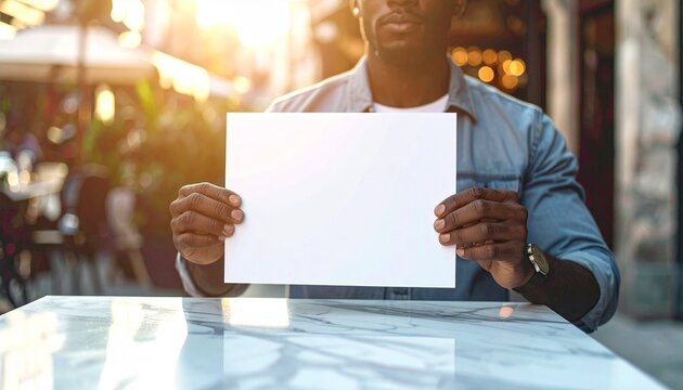 A young man holding a blank white sign while sitting at an outdoor cafe table.