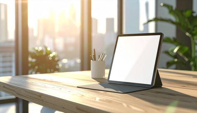 Blank tablet screen mock up on a wooden office desk with city view background.