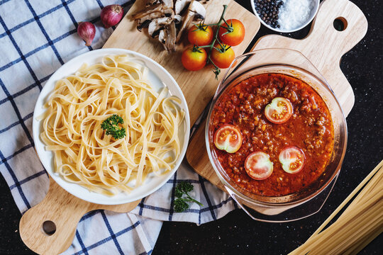 Italian cuisine, Pasta Bolognese. Top View