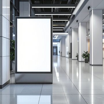 Blank vertical billboard display stand in a modern bright shopping mall corridor.