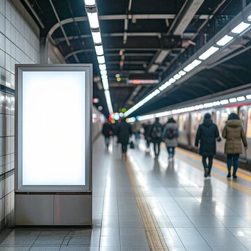 Blank illuminated advertising billboard on a busy subway station platform with commuters.