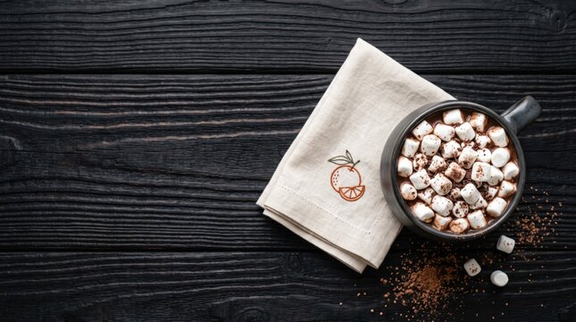 Hot chocolate mug marshmallows in artisan ceramic cup on textured slate surface with mini marshmallows for cozy winter drink promotion and cafe menu background