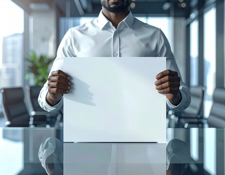 Professional businessman holding a blank white sign in a modern office boardroom.