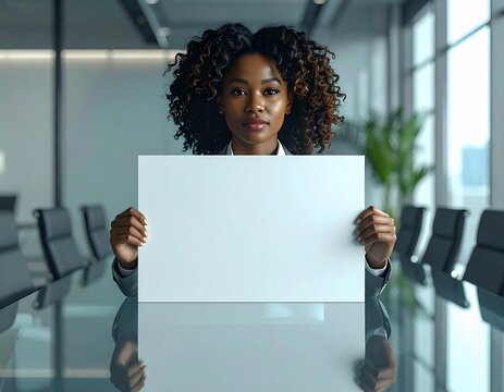 Professional woman holding a blank white sign in a modern corporate boardroom.