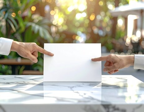 Two hands pointing at a blank white paper on a marble table.