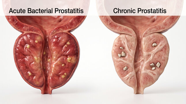 3D Medical Illustration Comparing Acute Bacterial and Chronic Prostatitis