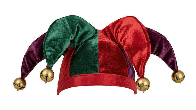 Colorful jester hat with green, red, and purple fabric and gold bells on a transparent background.