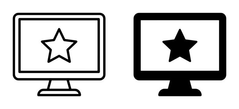 Computer Monitor with Star Icon, Vector Graphics Set: Outline and Solid Fill, Digital Display, User Interface Elements
