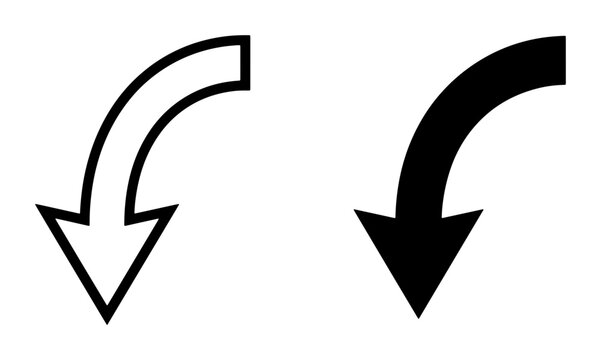 Directional Arrow Icons, Downward Curve Symbols, Simple Vector Graphics for Navigation and Data Visualization, Black and White Design Elements