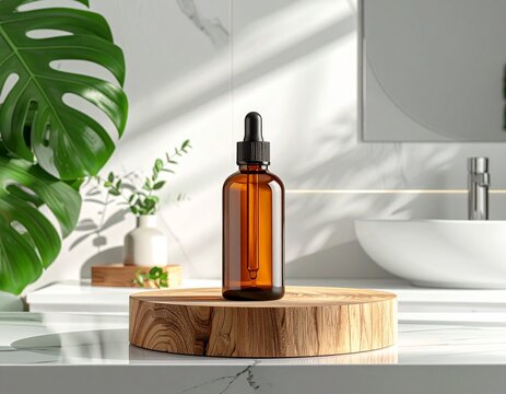 Amber glass dropper bottle for essential oil or serum on a wooden podium in a modern bathroom.