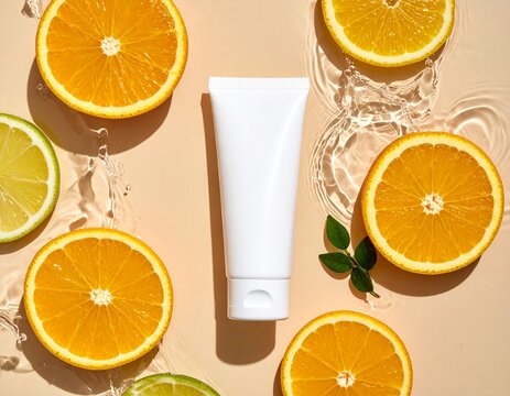 Blank white cosmetic tube mockup with fresh citrus orange slices and water splashes.