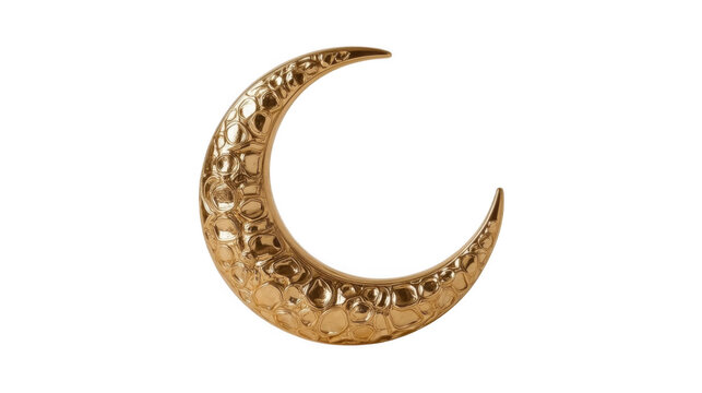 Intricate gold-colored crescent moon brooch with textured surface and detailed engravings against a plain transparent background.