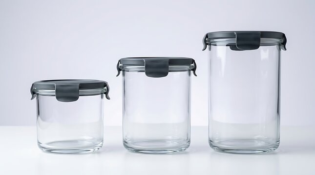 Three different sizes of empty clear glass storage jars with airtight black locking lids standing in row. Durable meal prep
