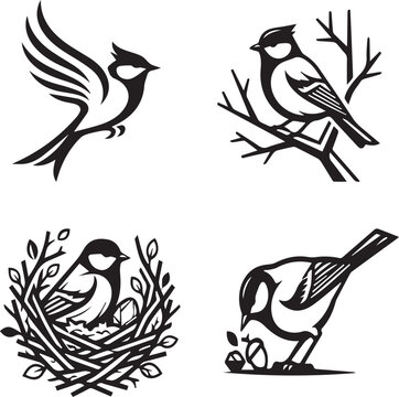 Vintage Engraved Swallow, Tit, Nesting Sparrow, and Wren Illustration Set Vector Design