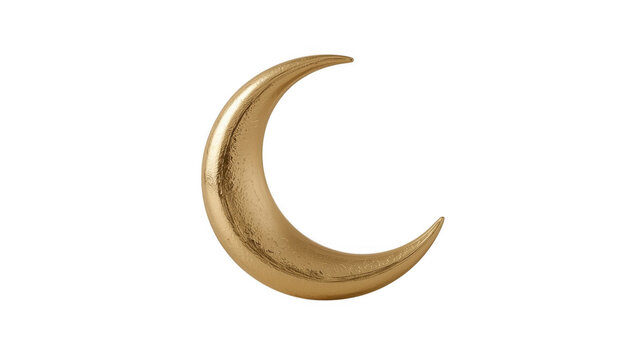 Isolated golden crescent moon shape with smooth, reflective surface against a plain background.