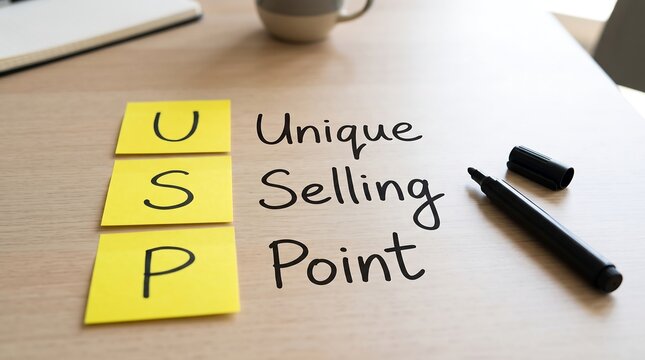 Unique Selling Point acronym on yellow sticky notes, USP business concept on wooden desk, marketing strategy and competitive advantage