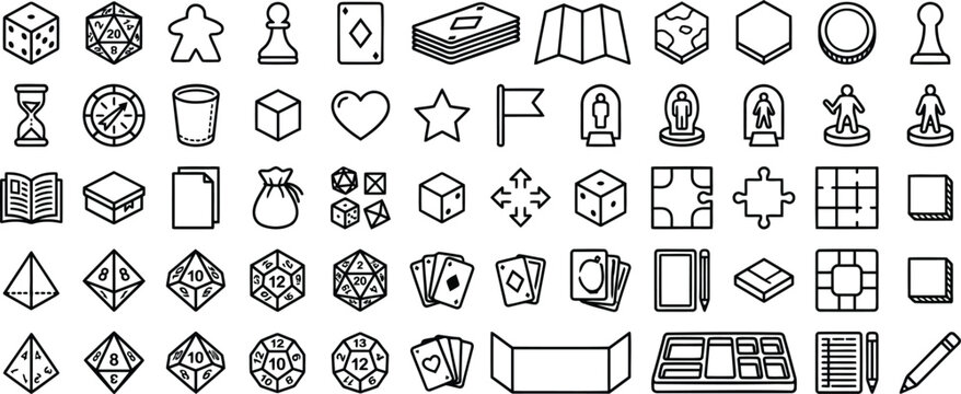 Board Games and Tabletop Dice outline icon set. Featuring polyhedral dice, playing cards, game pawn, board tile, and hourglass symbols. Vector icons for tabletop gaming, roleplaying accessories.