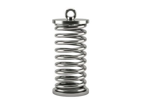 A single industrial silver metal coil spring with a circular mounting eyelet at the isolated on a solid black background, for engineering isolated on a transparent background
