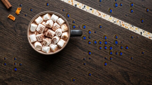 Hot chocolate mug marshmallows with melted foam on textured slate top view background for winter beverage advertising